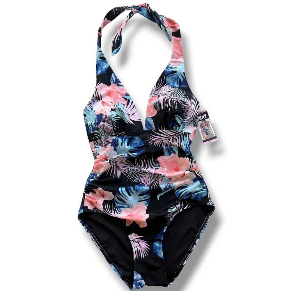 DKNY Women S Black Pink Blue Tropical Floral Halter One Piece Swimsuit Beach NWT - Picture 1 of 13